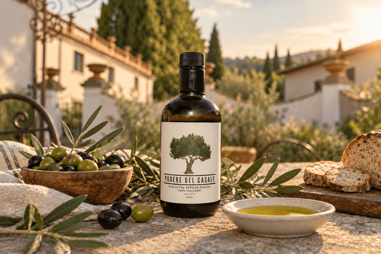 Bottiglia di olio del Podere del Casale su una tavola toscana